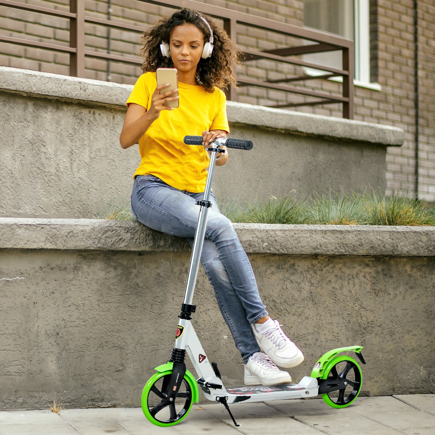 Folding Kick Scooter with Big Wheels for 14+ Teens Adult, Green