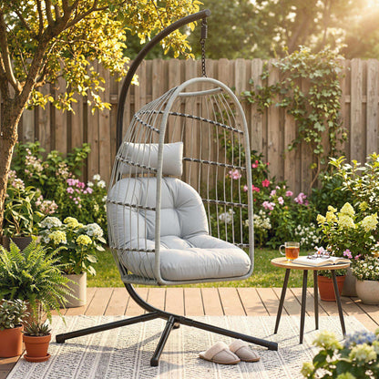 Hanging Egg Chair, Outdoor Swing Chair with Stand, Light Grey