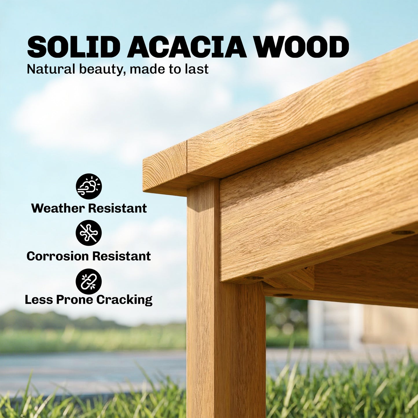 Garden Table, Outdoor Side Table with Slatted Tabletop, Adjustable Foot Pads, Solid Acacia Wood for Indoor Outdoor, Living Room, Balcony, Natural Wood