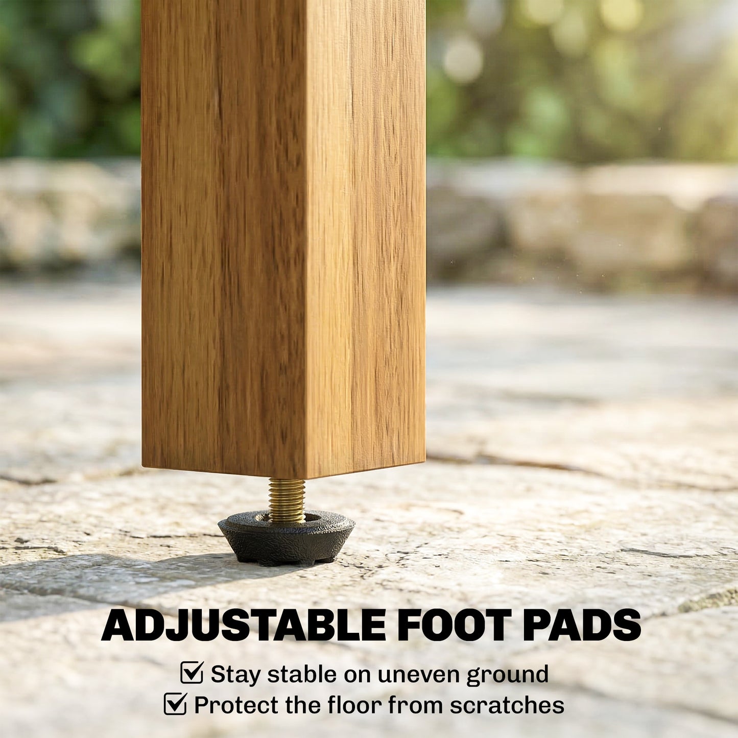 Garden Table, Outdoor Side Table with Slatted Tabletop, Adjustable Foot Pads, Solid Acacia Wood for Indoor Outdoor, Living Room, Balcony, Natural Wood