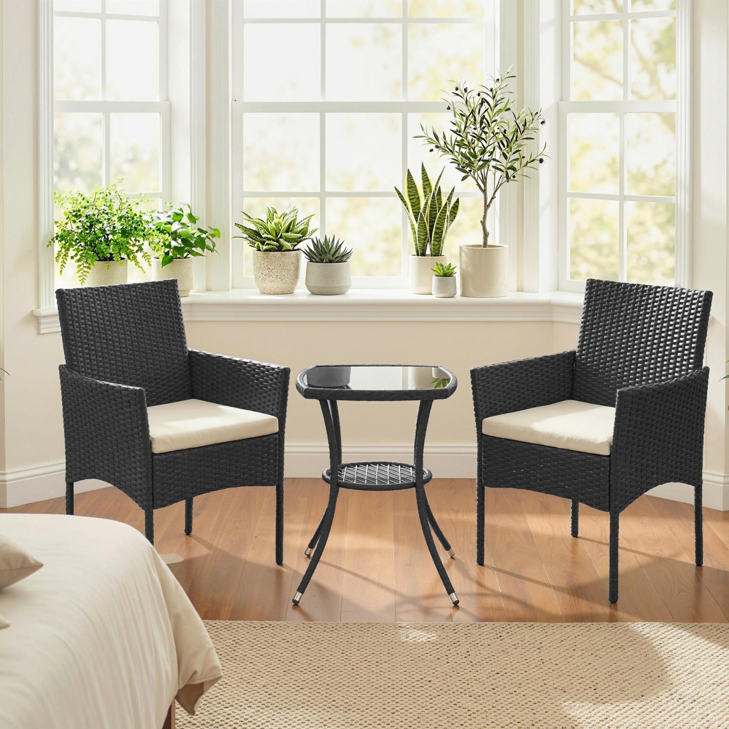 3 Piece Rattan Bistro Set with 2 Tier Glass-Top Table, Chairs