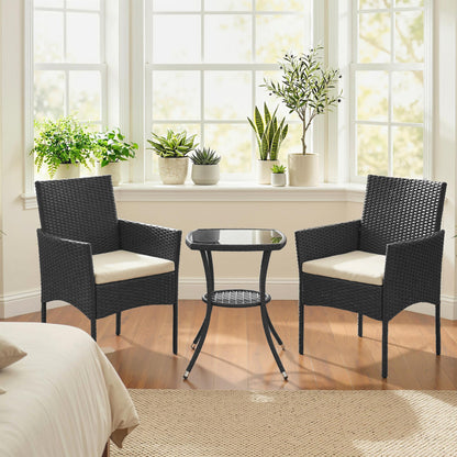3 Piece Rattan Bistro Set with 2 Tier Glass-Top Table, Chairs