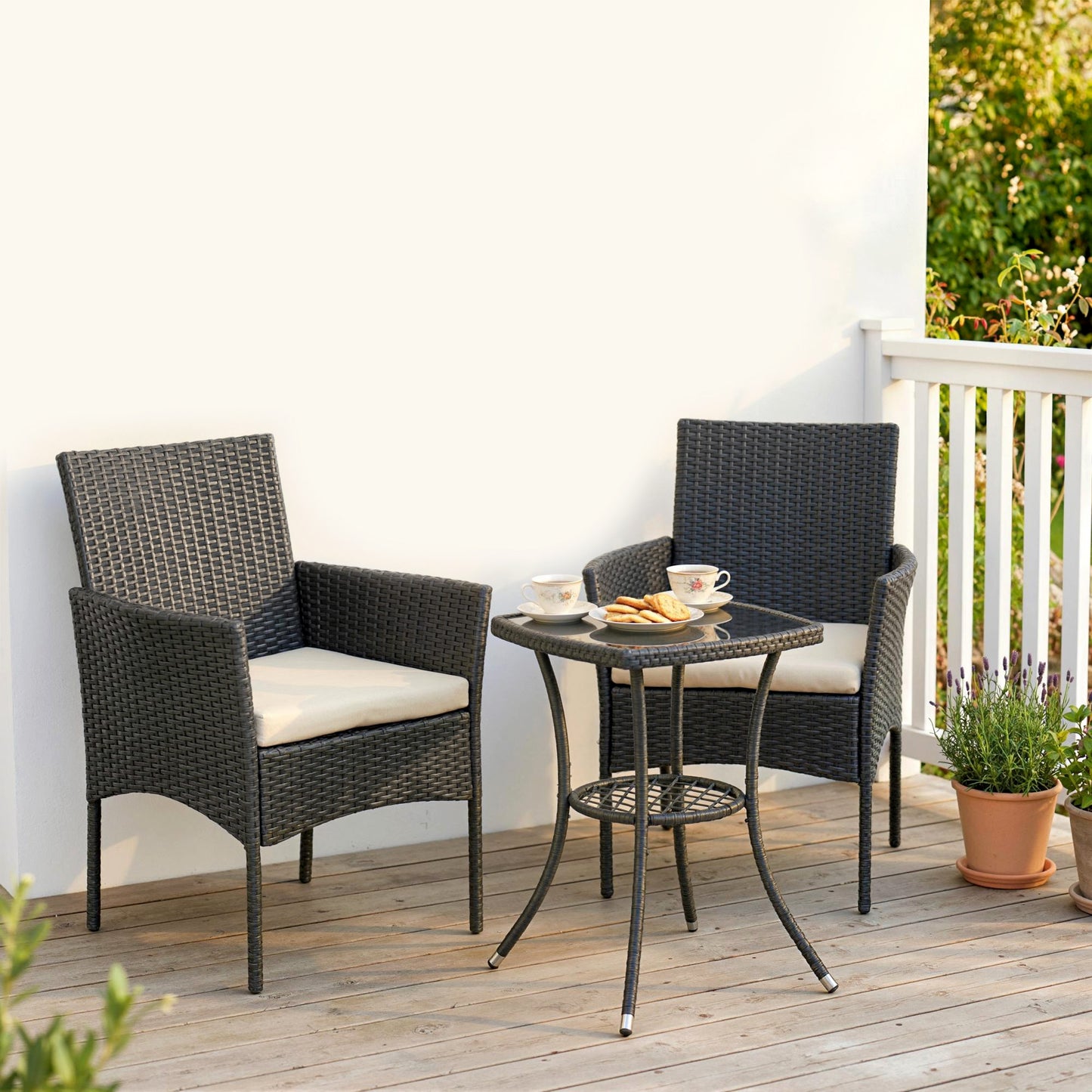 3 Piece Rattan Bistro Set with 2 Tier Glass-Top Table, Chairs