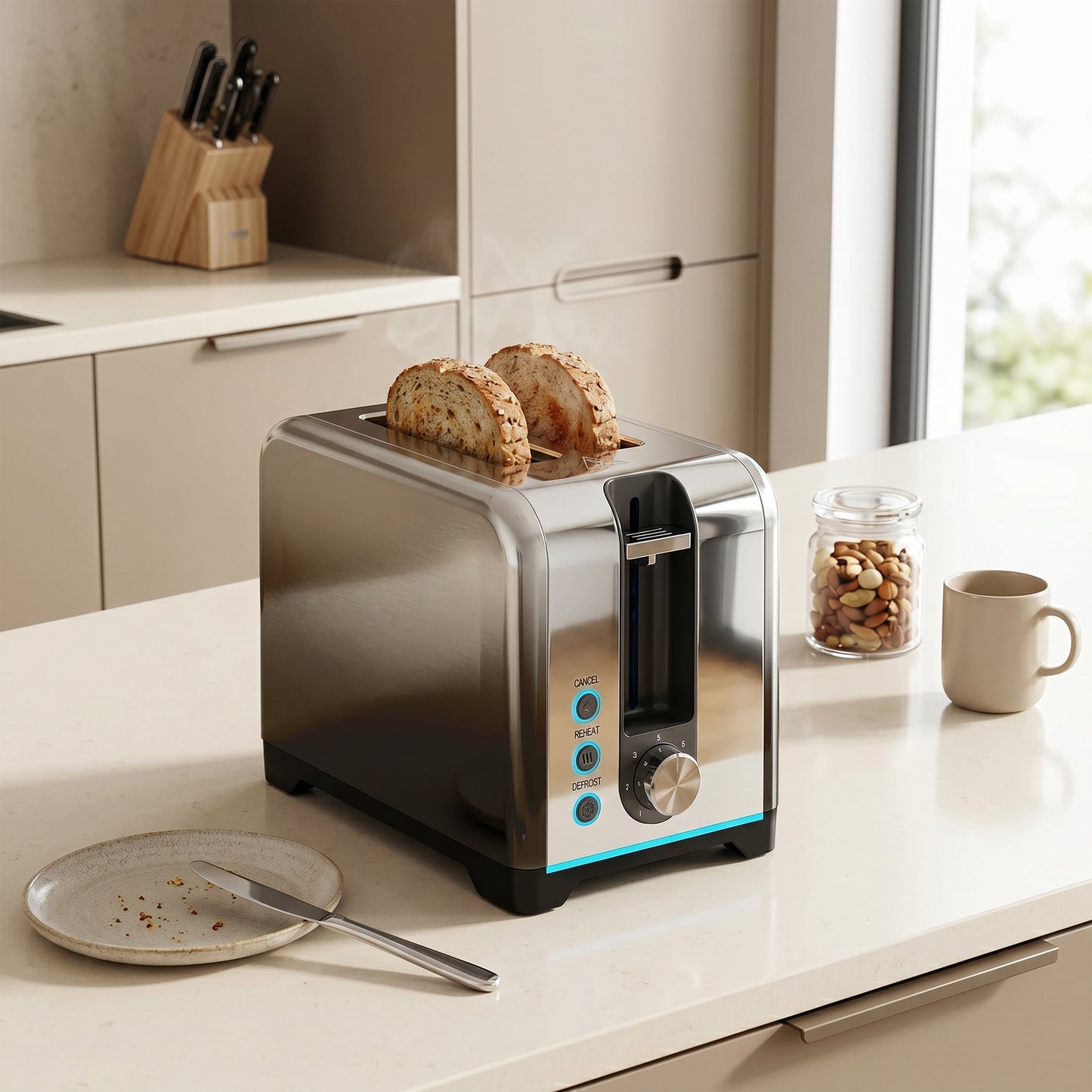 2 Slice Toaster with 7 Browning Levels, Reheat, Defrost and Cancel Functions, Self-Centring Slots, Auto Shut-Off, Removable Crumb Tray, 930W, Black