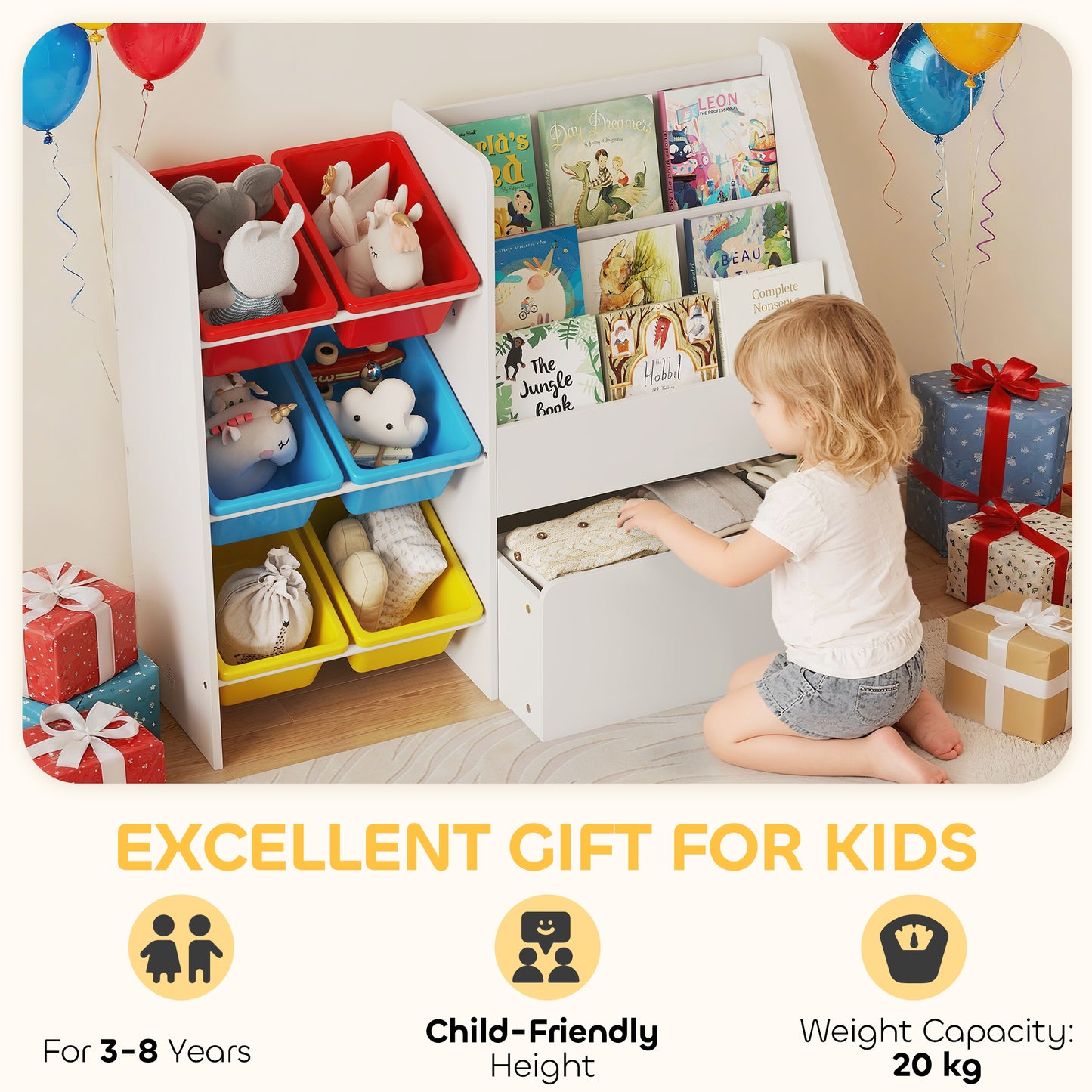 Toy Storage Unit, Childrens Bookcase with 6 Bins, Multicoloured