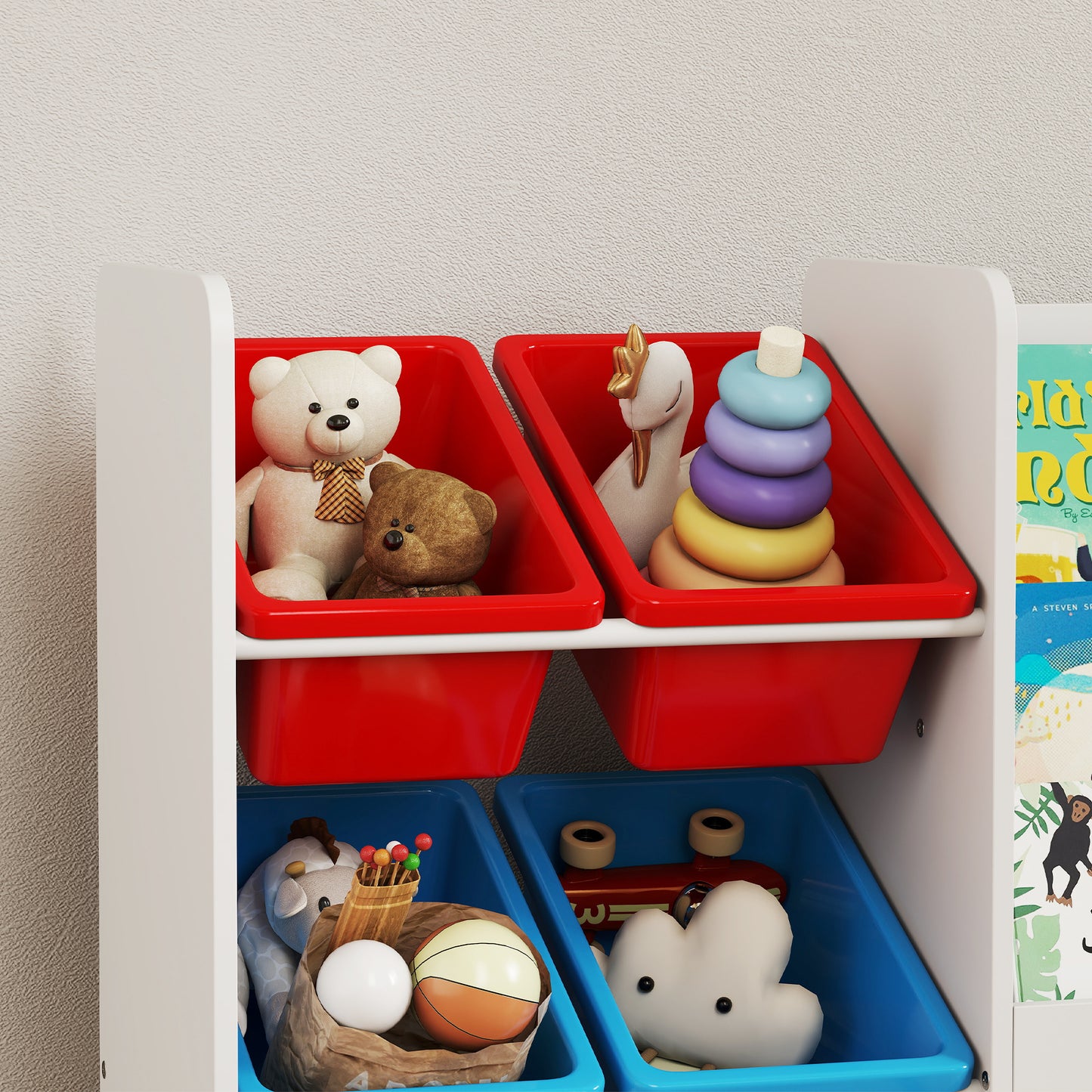 Toy Storage Unit, Childrens Bookcase with 6 Bins, Multicoloured