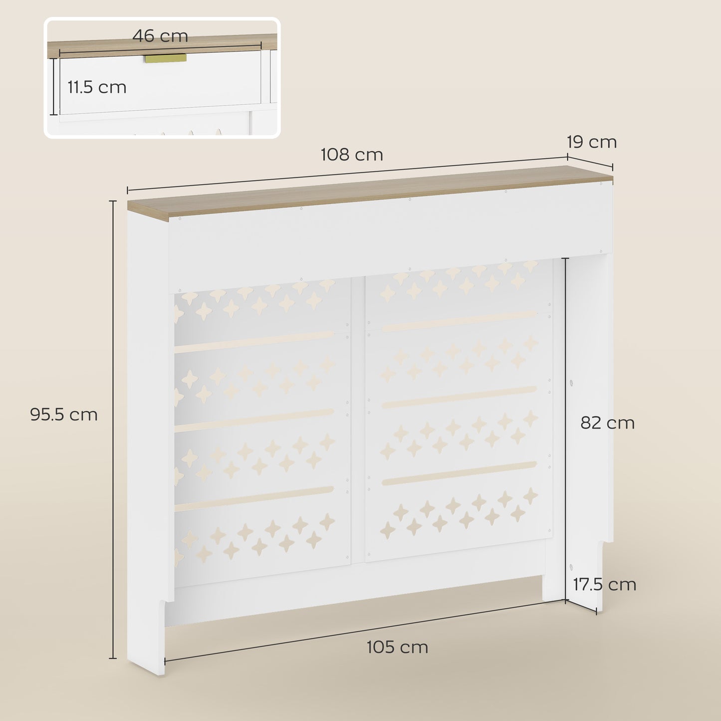Heater Cover with Flip Drawer and Top Shelf 108 x 19 x 95.5 cm White