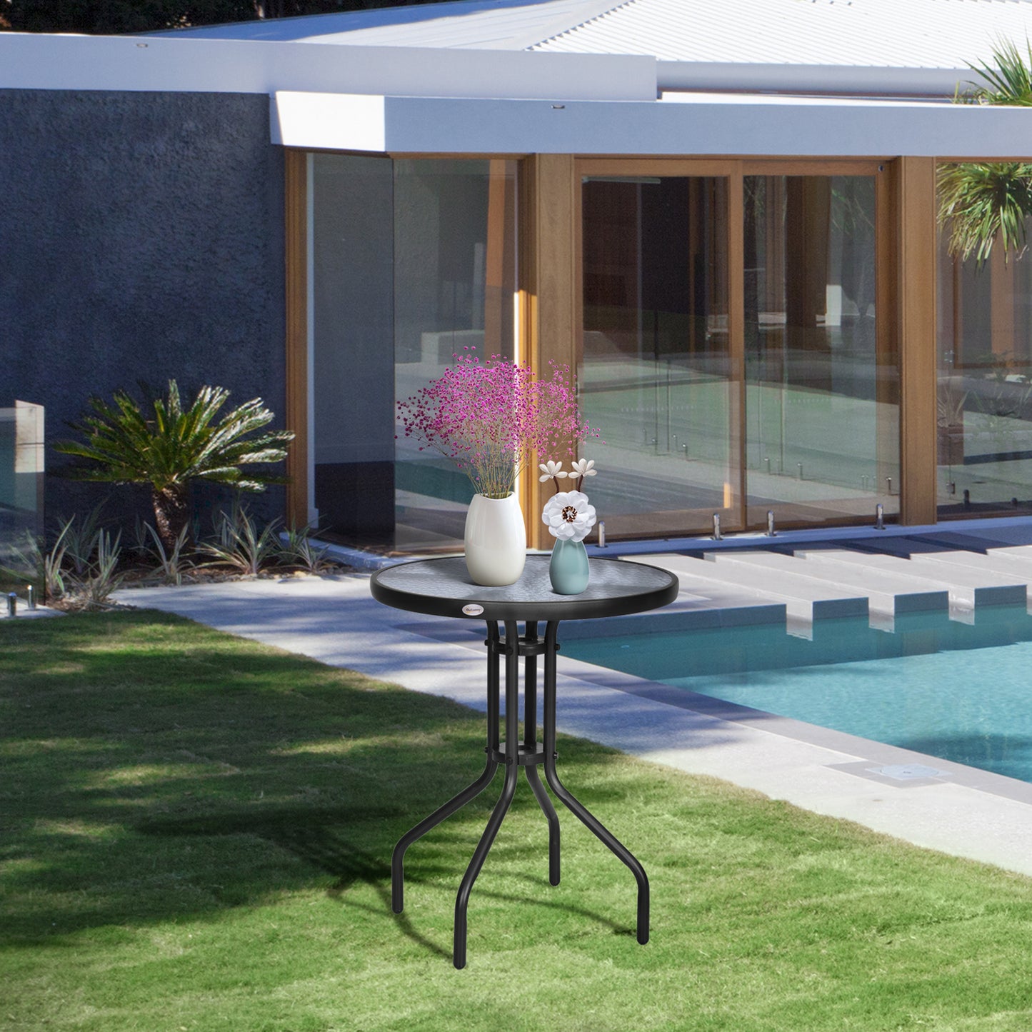 Φ60×70H cm Round Metal Table, Garden Table Tempered Glass-Black