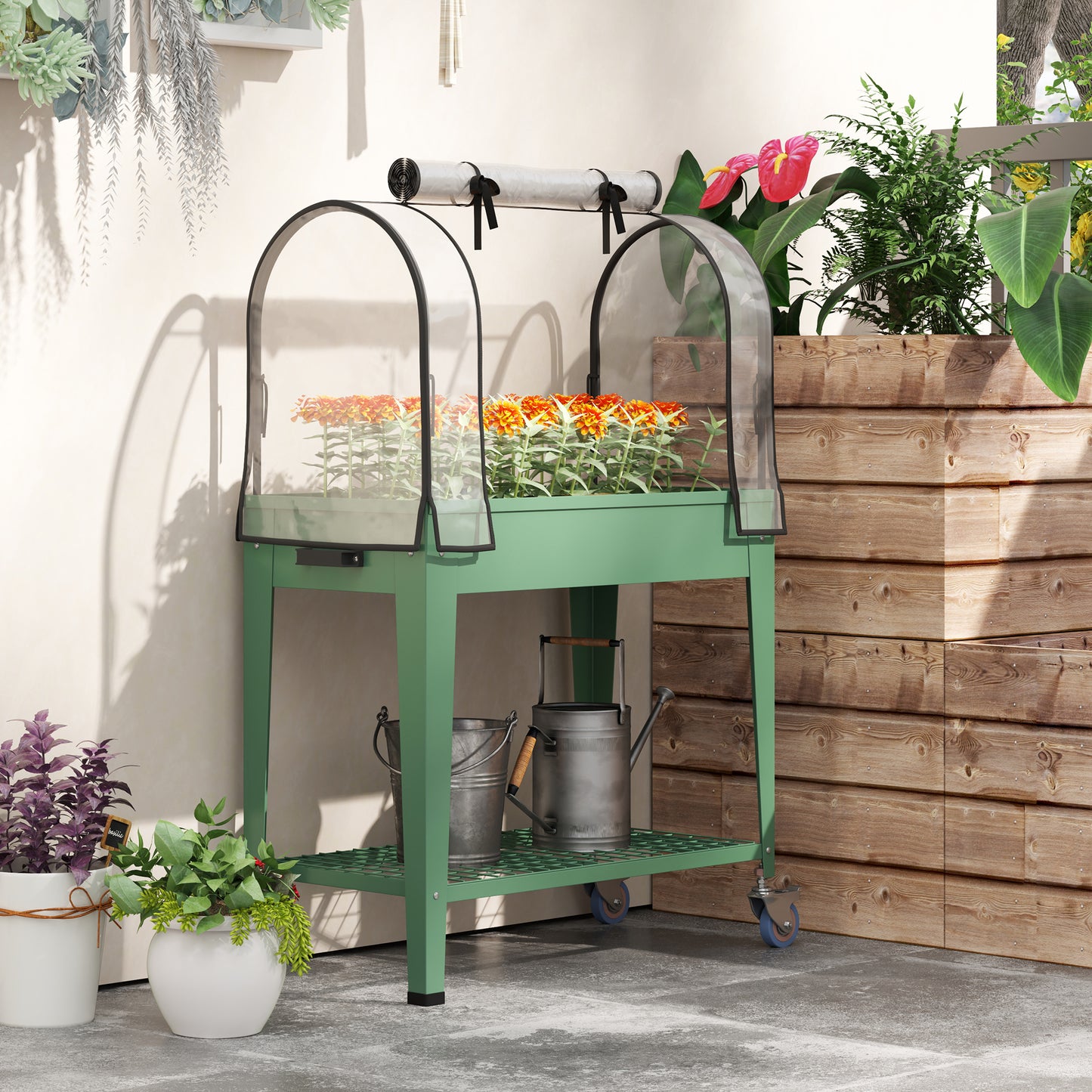Mobile Raised Garden Bed with Greenhouse Cover, Green