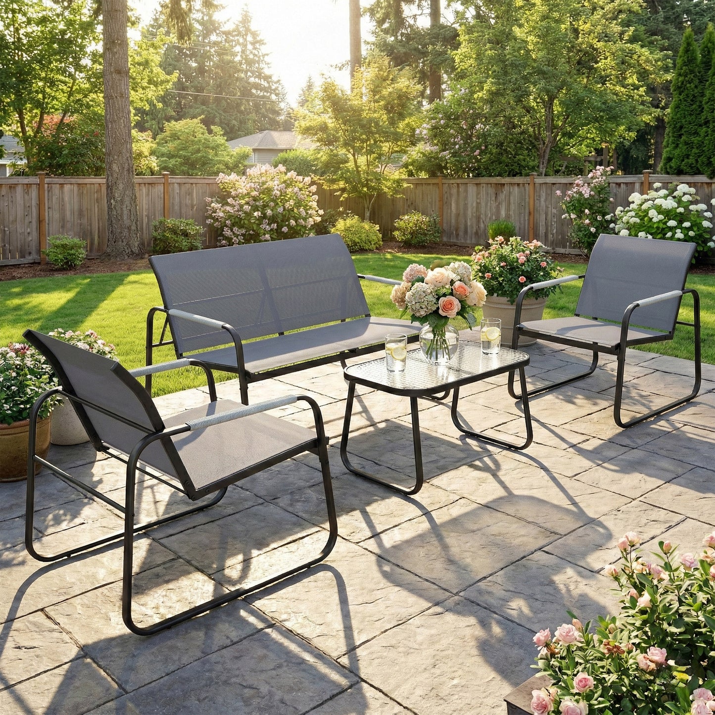 Garden Sofa Set with Loveseat, 2 Armchairs, Tempered Glass Table