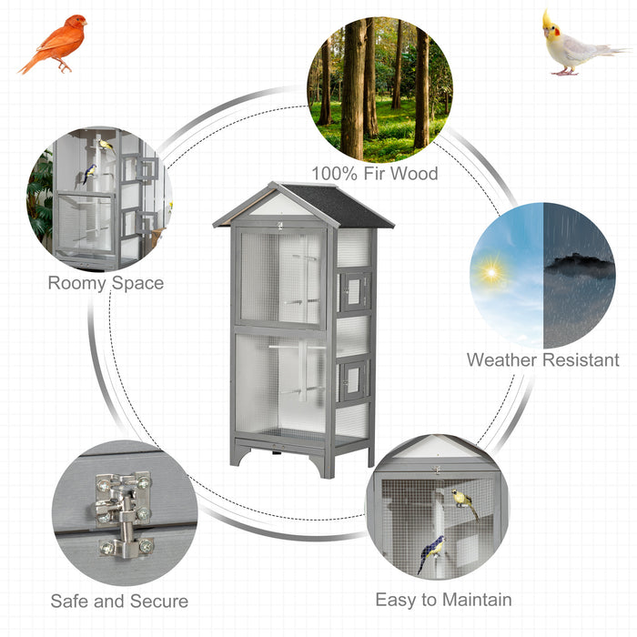 Wooden Outdoor Bird Cage, for Finches and Canaries, with Removable Tray, Asphalt Roof - Grey