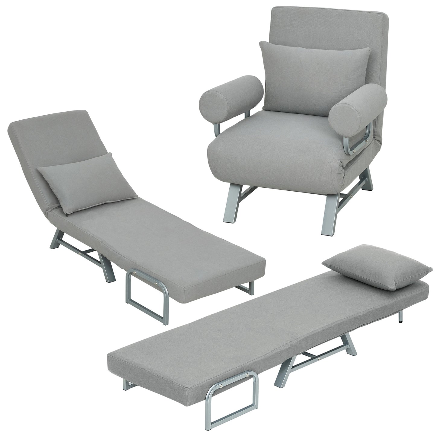 Single Sofa Bed, 3-in-1 Convertible Folding Chair Bed, Light Grey