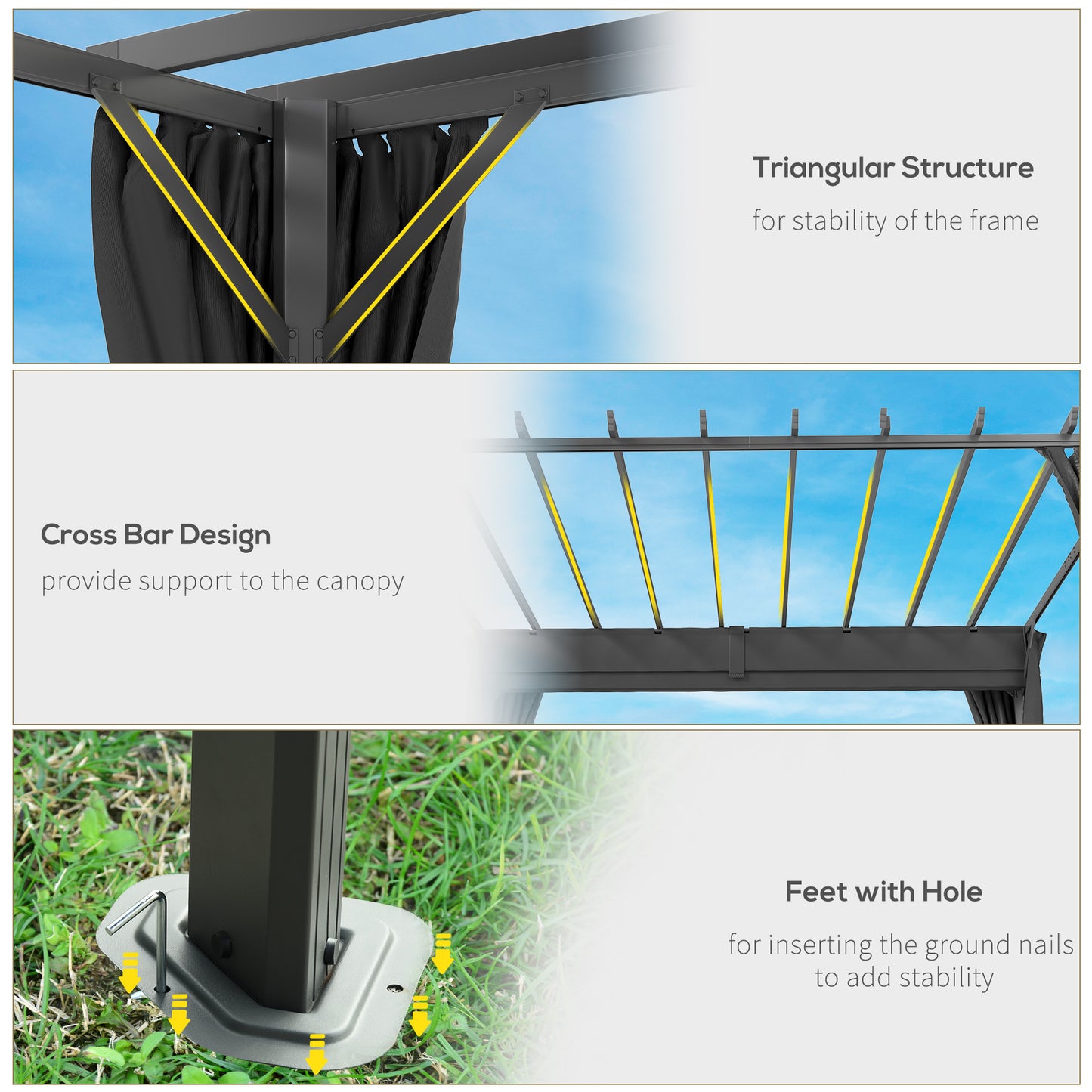 3.6 x 3 m Aluminium Pergola with Retractable Roof Canopy, Curtains