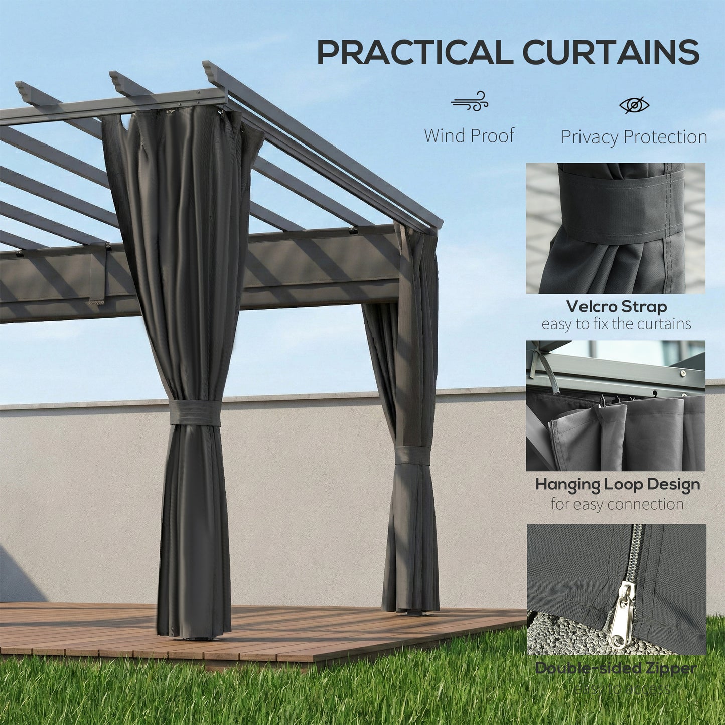 3.6 x 3 m Aluminium Pergola with Retractable Roof Canopy, Curtains