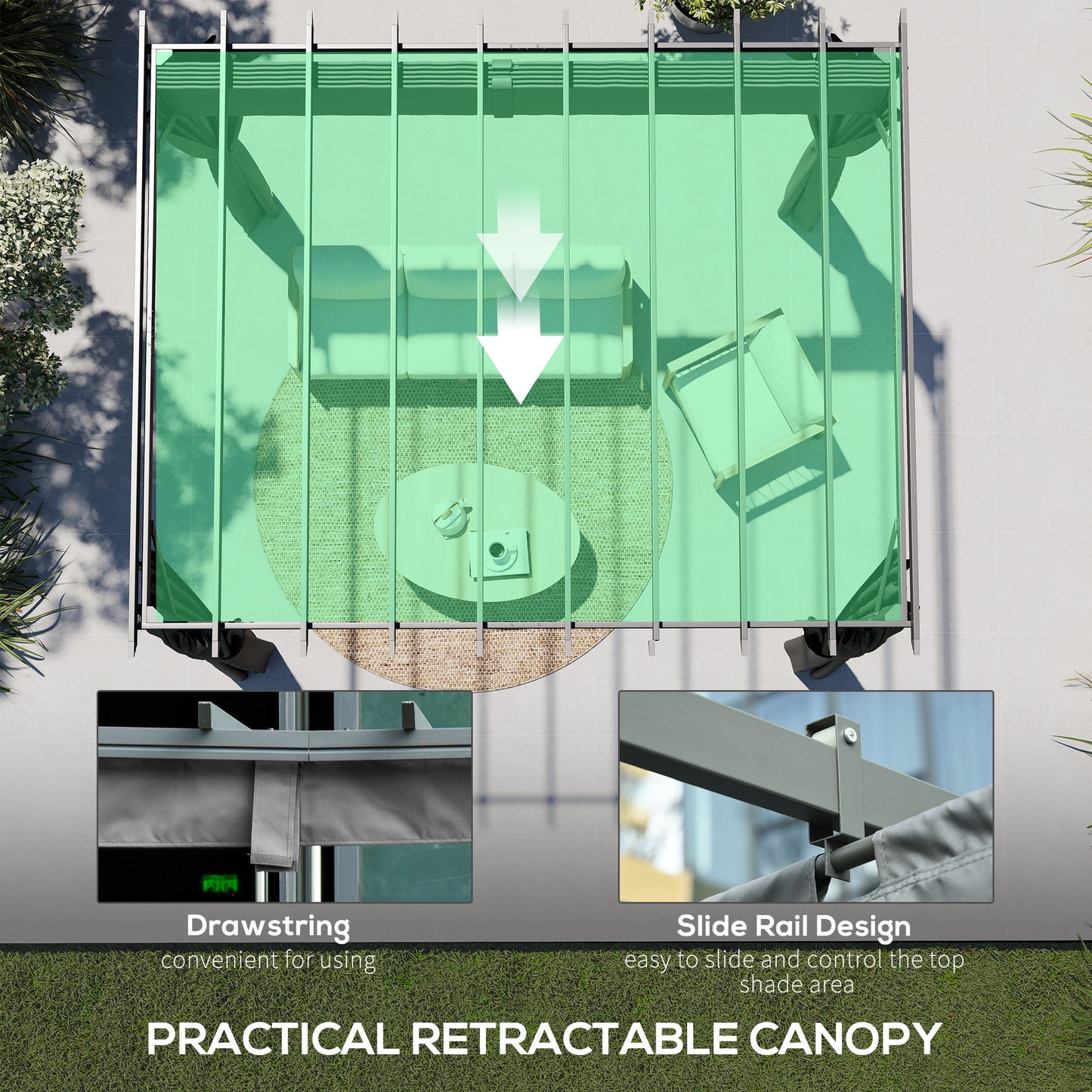 3.6 x 3 m Aluminium Pergola with Retractable Roof Canopy, Curtains