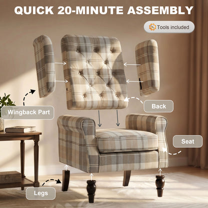 Accent Chair Wingback Armchair Retro Tufted, Khaki Plaid