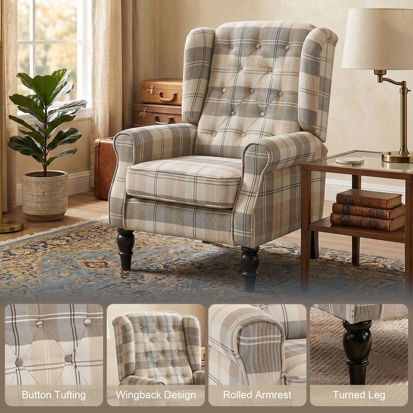 Accent Chair Wingback Armchair Retro Tufted, Khaki Plaid