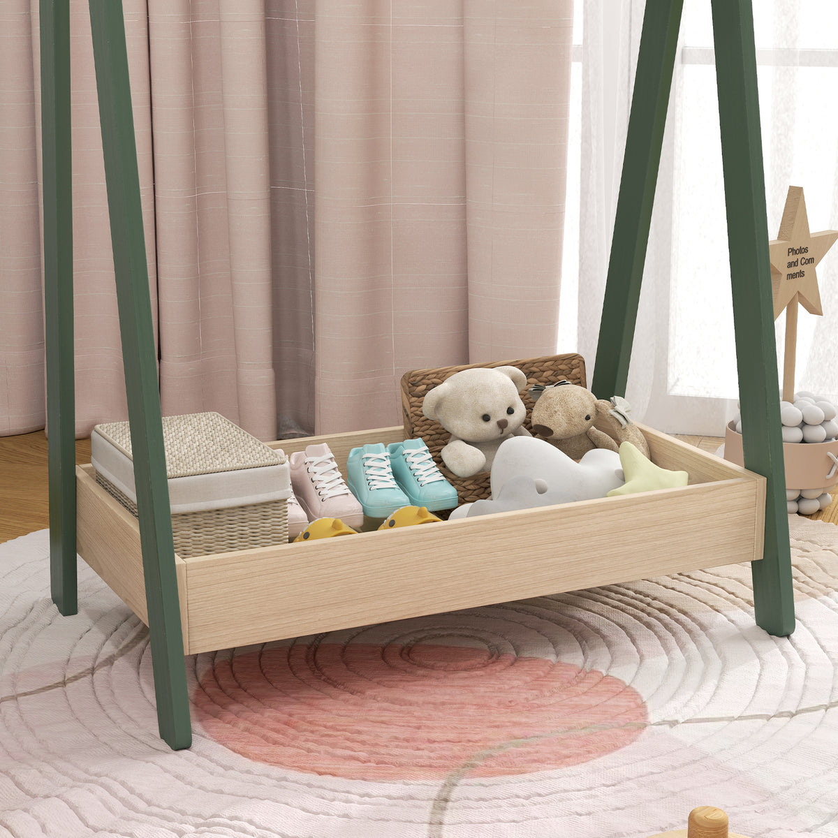 Kids Clothes Rail with Hangers, Base Shelf for Girls, Boys, Green