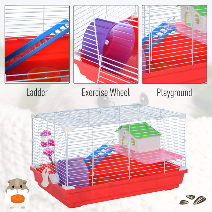 Dwarf Hamster Metal Cage w/ Tunnels Exercise Wheel Water Bottle Dishes Red and White