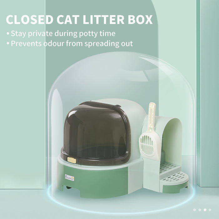 PP Cat Litter Box with Drawer Pans Scoop Openable Cover Green