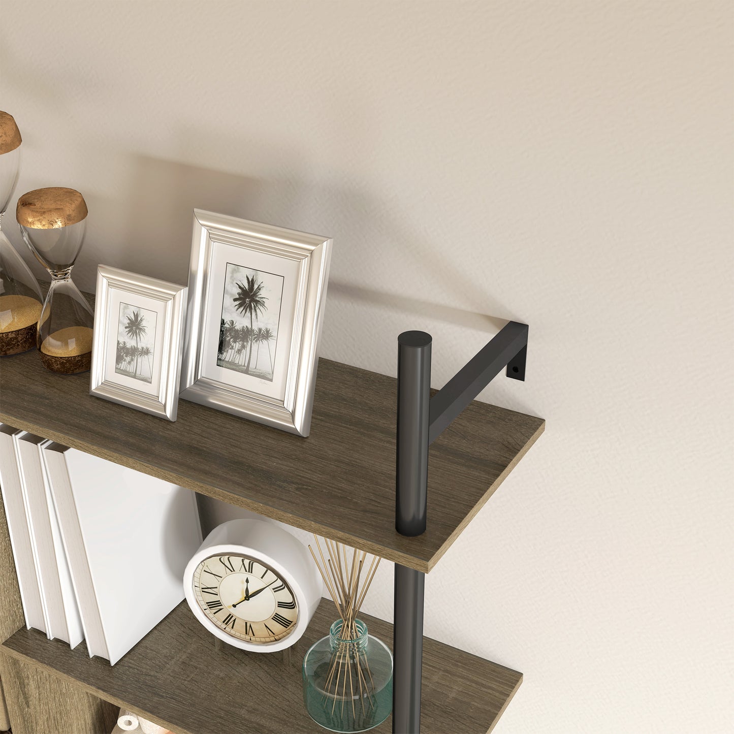 Wall Shelf Unit with 4 Hooks for Living Room Grey Wood Effect