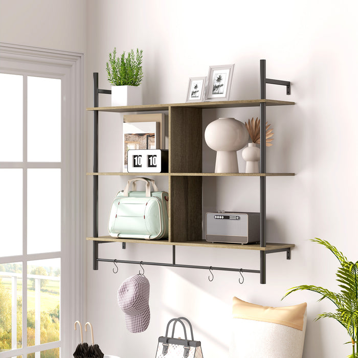 Wall Shelf Unit with 4 Hooks for Living Room Grey Wood Effect