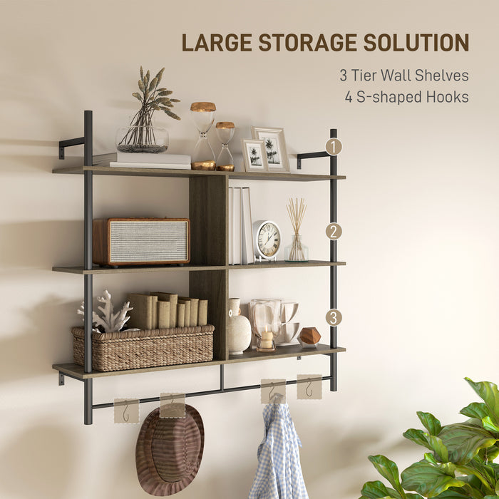 Wall Shelf Unit with 4 Hooks for Living Room Grey Wood Effect