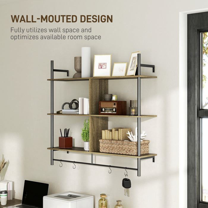 Wall Shelf Unit with 4 Hooks for Living Room Grey Wood Effect