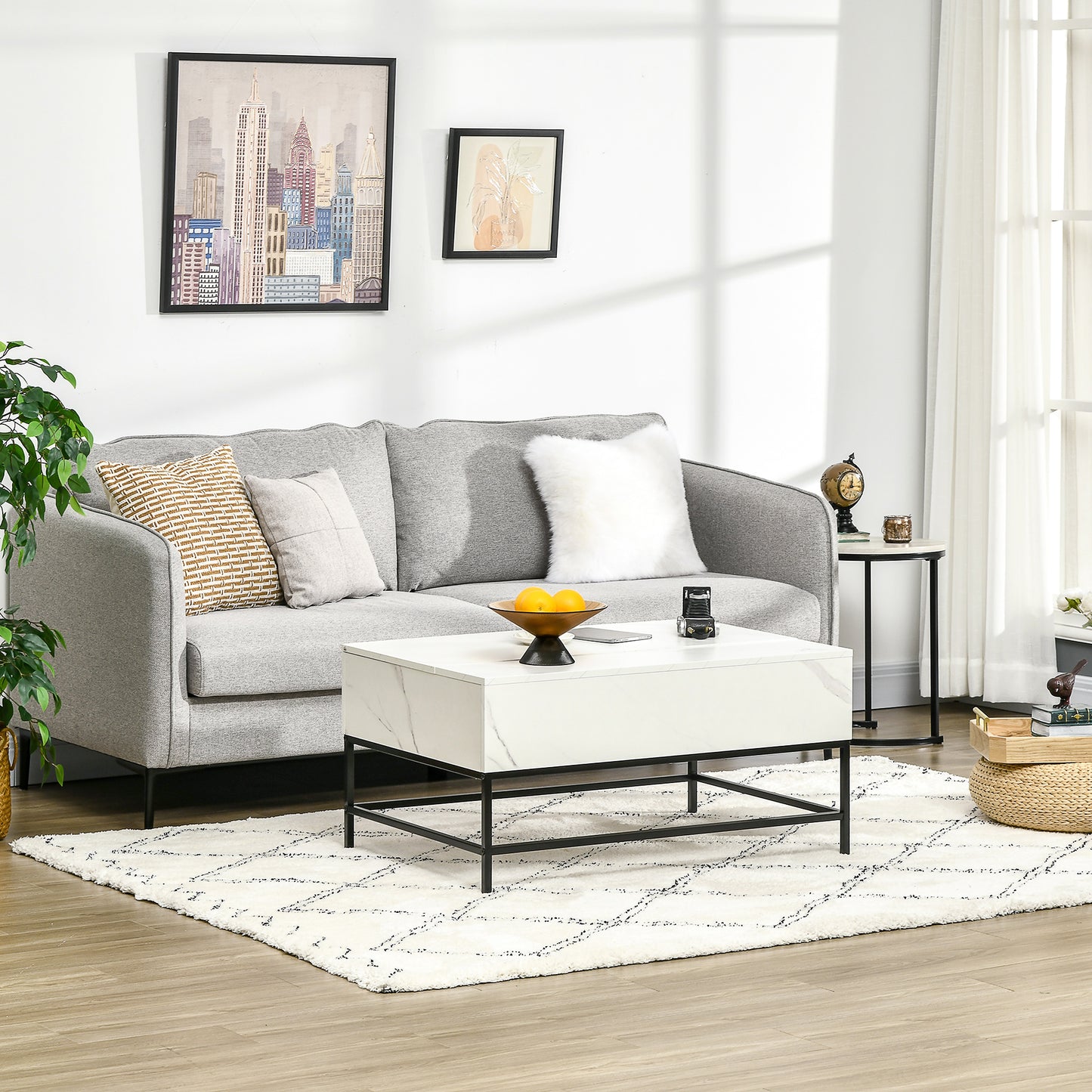 Modern Lifting Coffee Table with Hidden Compartment, Storage Coffee Table for Living Room, Faux Marble White