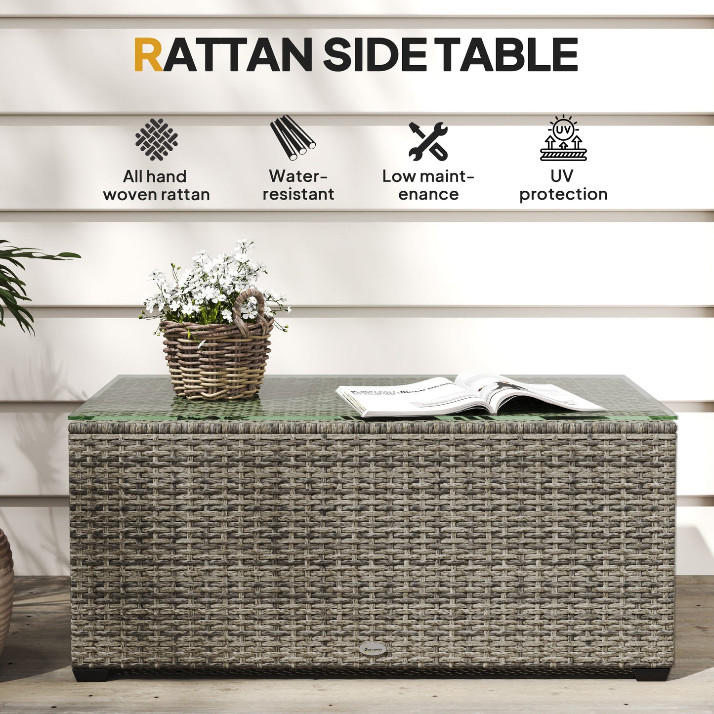 Outdoor Coffee Table, Glass Top Rattan Side Table, Dark Grey