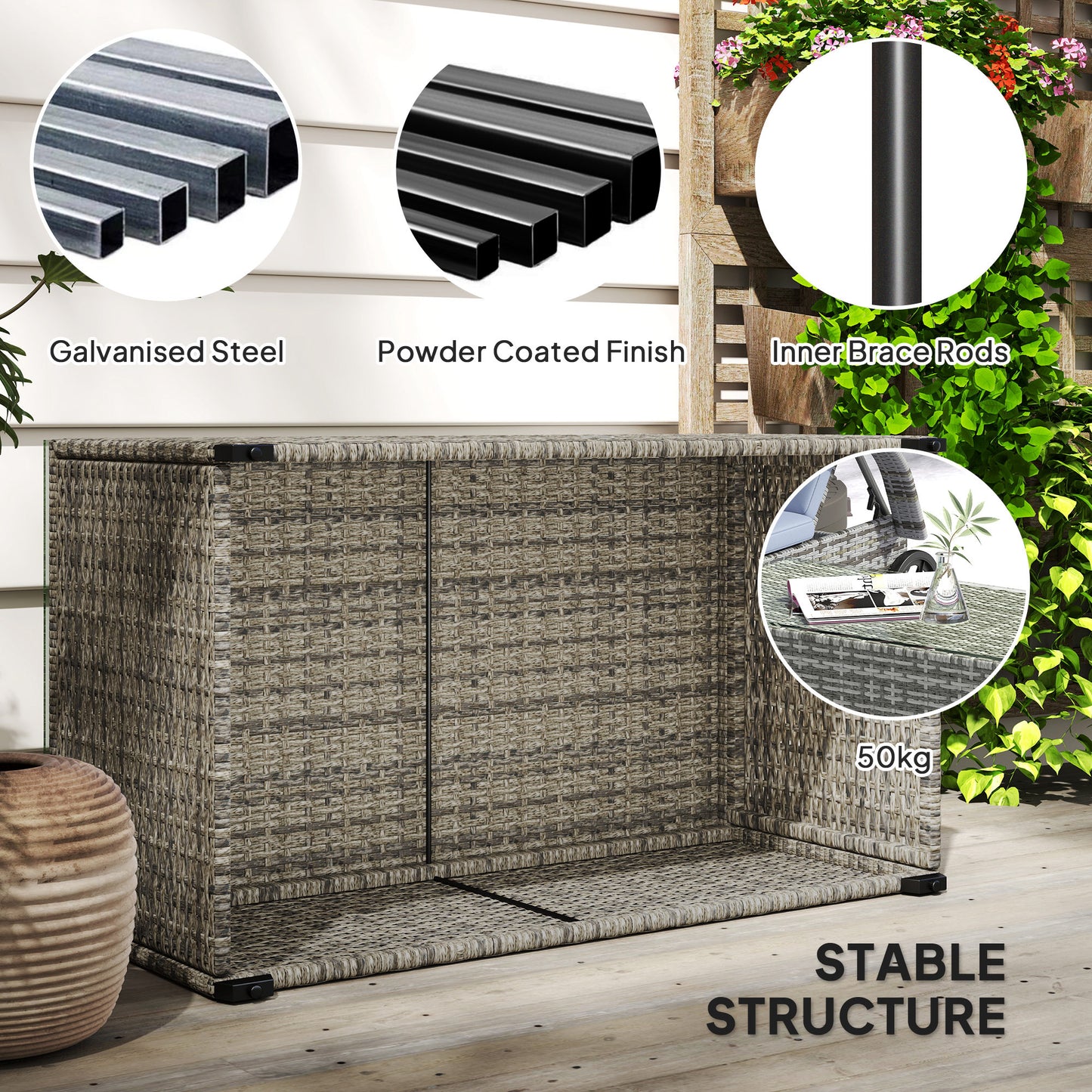 Outdoor Coffee Table, Glass Top Rattan Side Table, Dark Grey