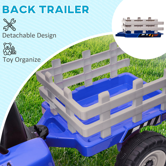 Electric Ride on Tractor w/ Detachable Trailer, 12V Kids Battery Powered Electric Car w/ Remote Control, Music Start up Sound, Blue