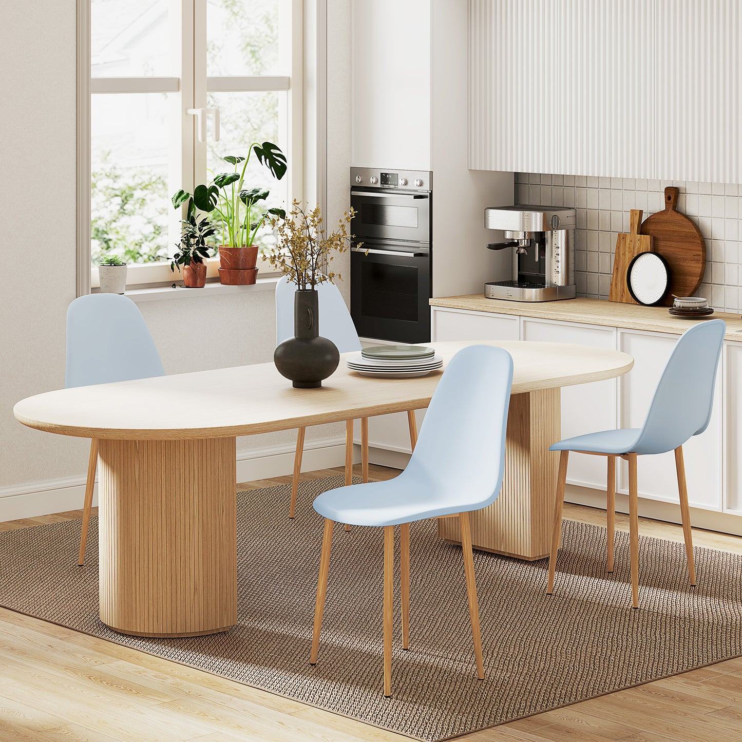 Dining Chairs Set of 4 w/ Curved Back, Steel Legs, Light Blue