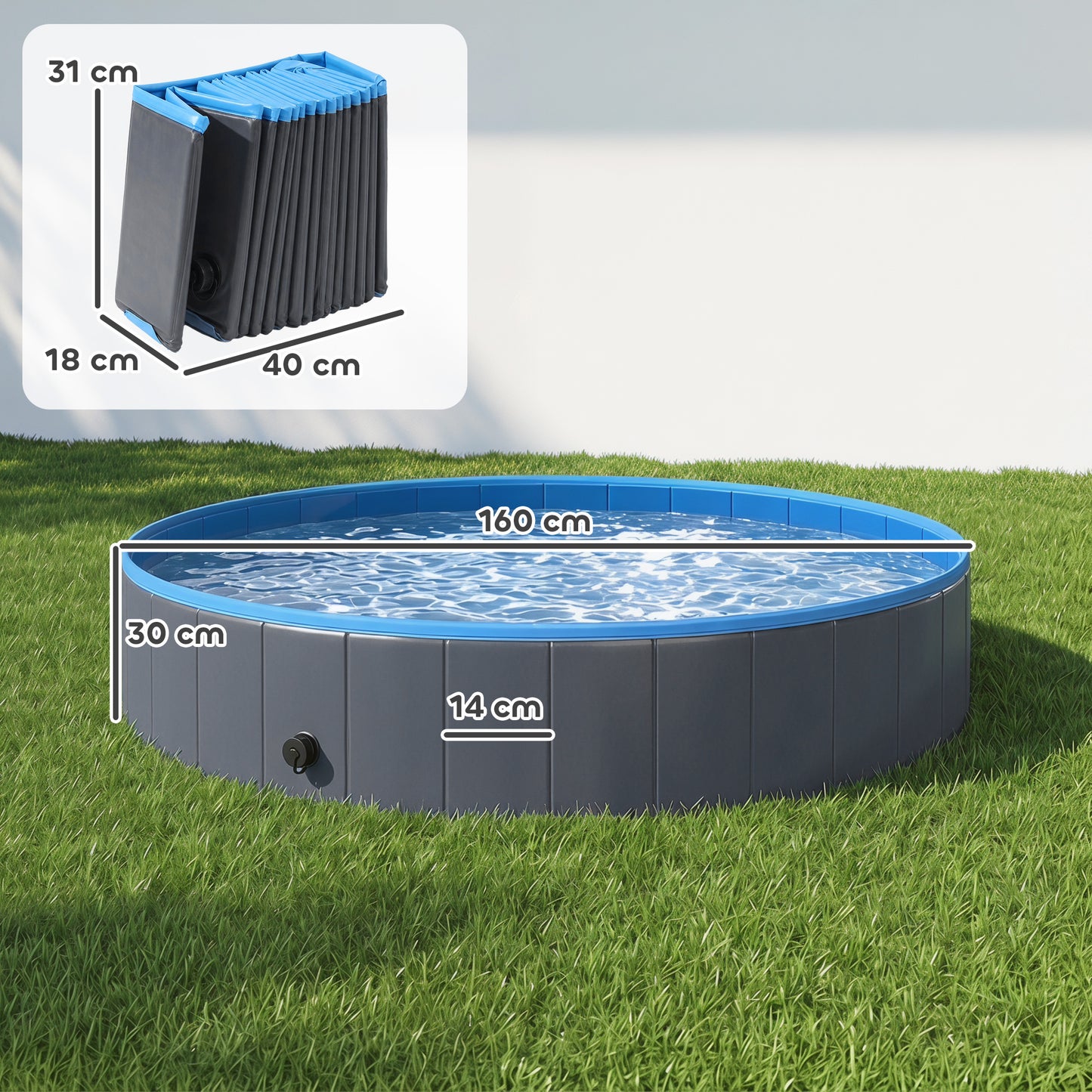 Foldable Dog Pool for Puppies and Ducks, Thickened PVC Dog Paddling Pool Bath Tub Hard Board, Anti-Slip Bottom and Hose Adapter for Easy Drainage, 160 x 30cm, Blue and Dark Grey