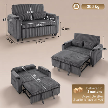 2 Seater Sofa Bed, 3-in-1 Corduroy Pull Out Sleeper Sofa, Dark Grey