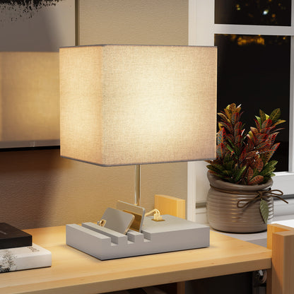 Table Lamp with 3 Slots, Bedside Lamp with Solid Wood Base, Grey