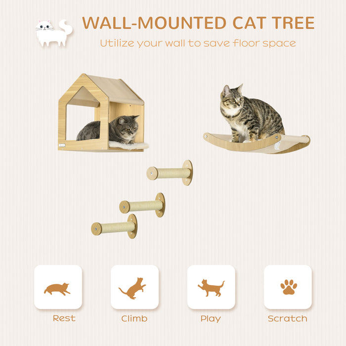 5PCs Wall Mounted Cats Shelves, Cat Climbing Shelf Set, Kitten Activity Center with Condo Hammock Scratching Post, Oak