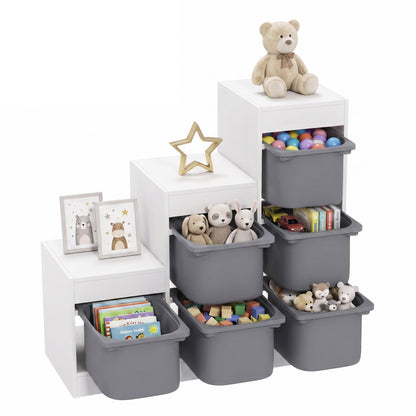 3-Layer Kids Toy Storage Unit with 6 Removable Bins, Grey