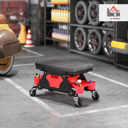 Rolling Mechanic Stool, 135kg Capacity Workshop Stool, 360° Swivel Roller Padded Creeper Seat with Wheels, Slide Out Tool Trays and Drawer for Garage, Shop, Auto Repair, Black