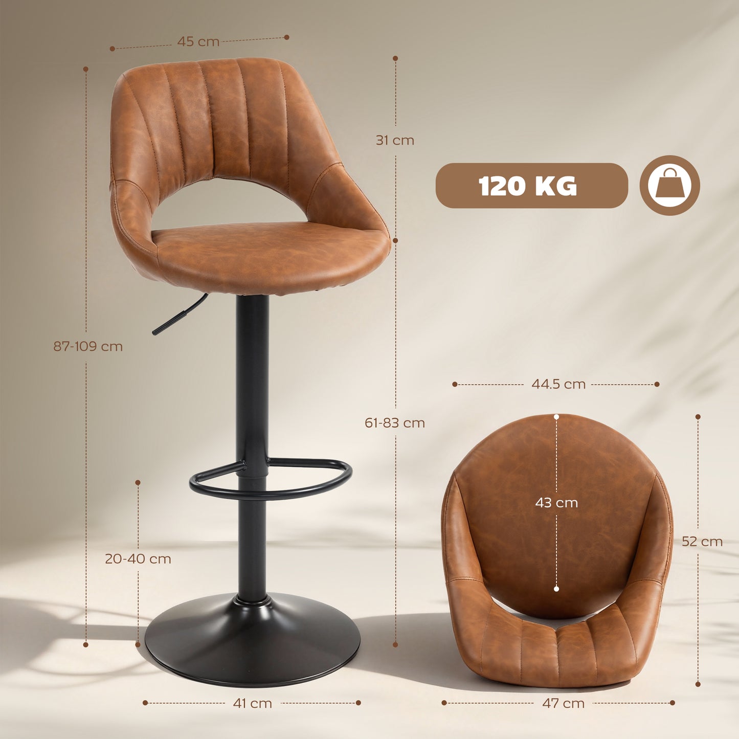 Barstools Set of 2, Dining Stools with Backrest and Footrest, Brown