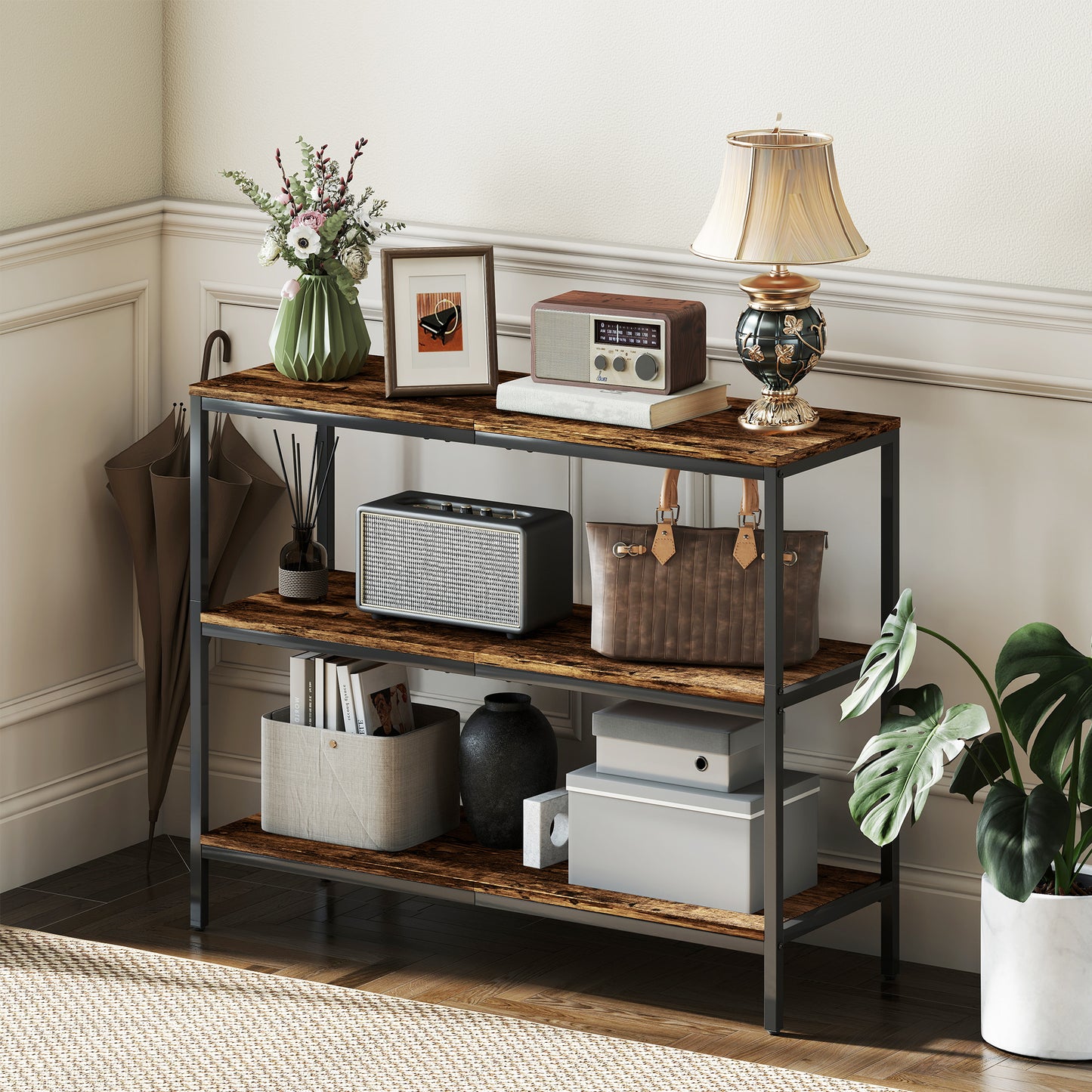 Industrial Console Table with 3-Tier Storage Shelves Rustic Brown