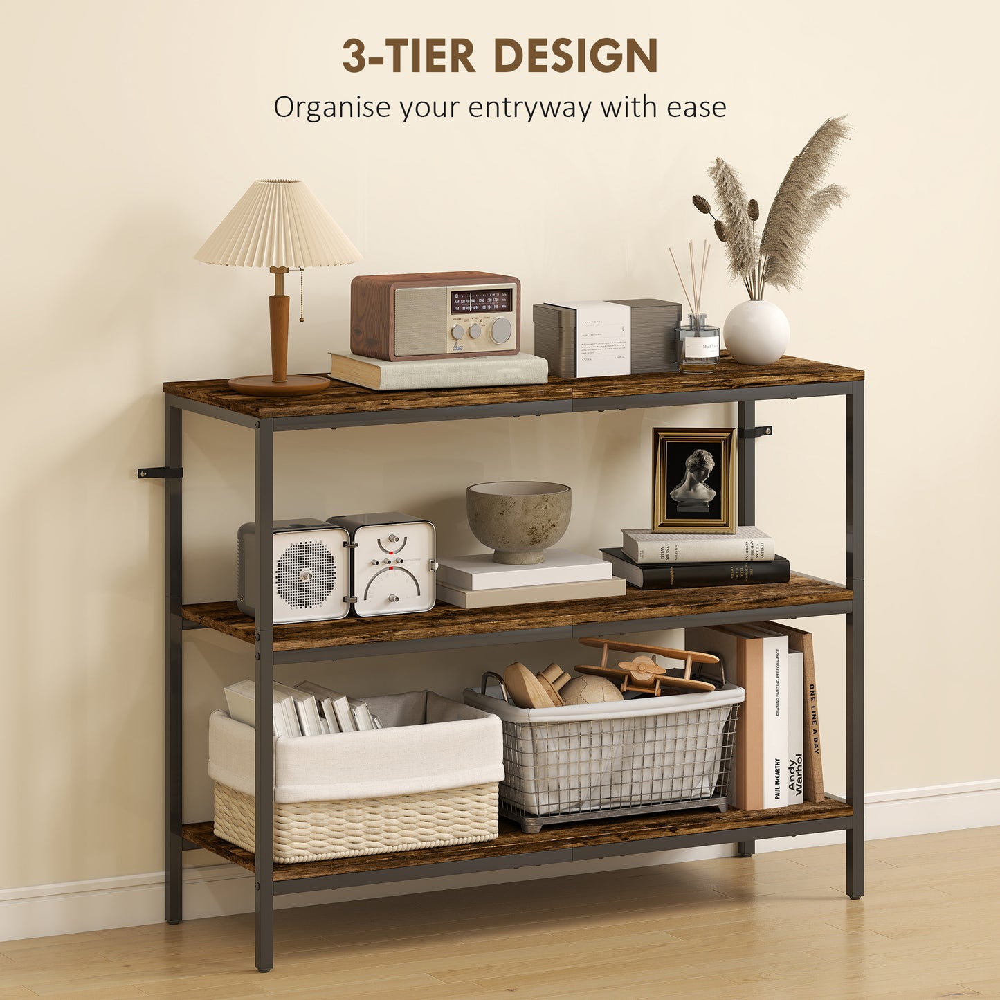 Industrial Console Table with 3-Tier Storage Shelves Rustic Brown
