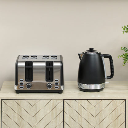 1.7L 3000W Quick Boil Kettle and 4 Slice Toaster Set Crumb Tray Black