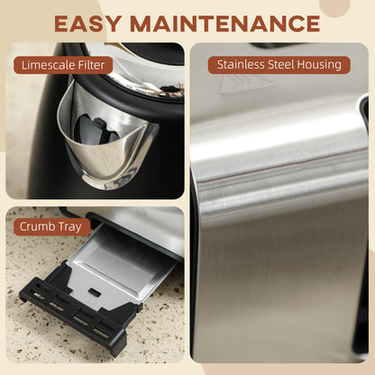 1.7L 3000W Quick Boil Kettle and 4 Slice Toaster Set Crumb Tray Black