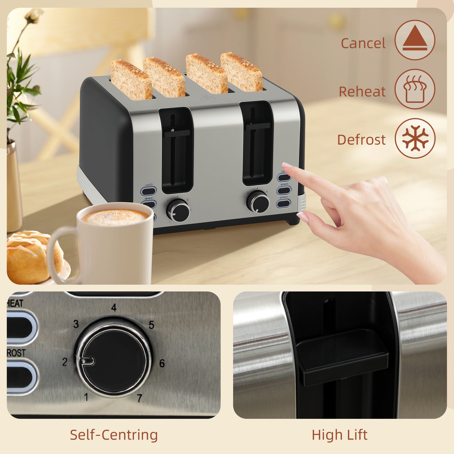 1.7L 3000W Quick Boil Kettle and 4 Slice Toaster Set Crumb Tray Black
