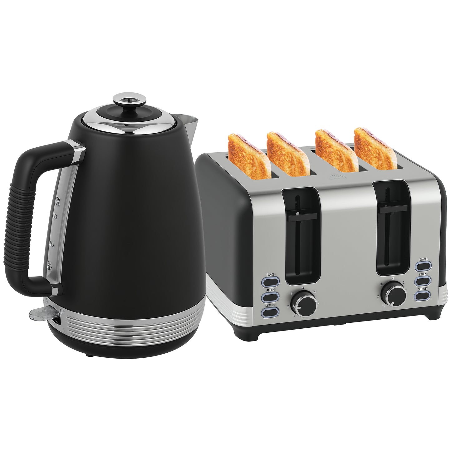 1.7L 3000W Quick Boil Kettle and 4 Slice Toaster Set Crumb Tray Black