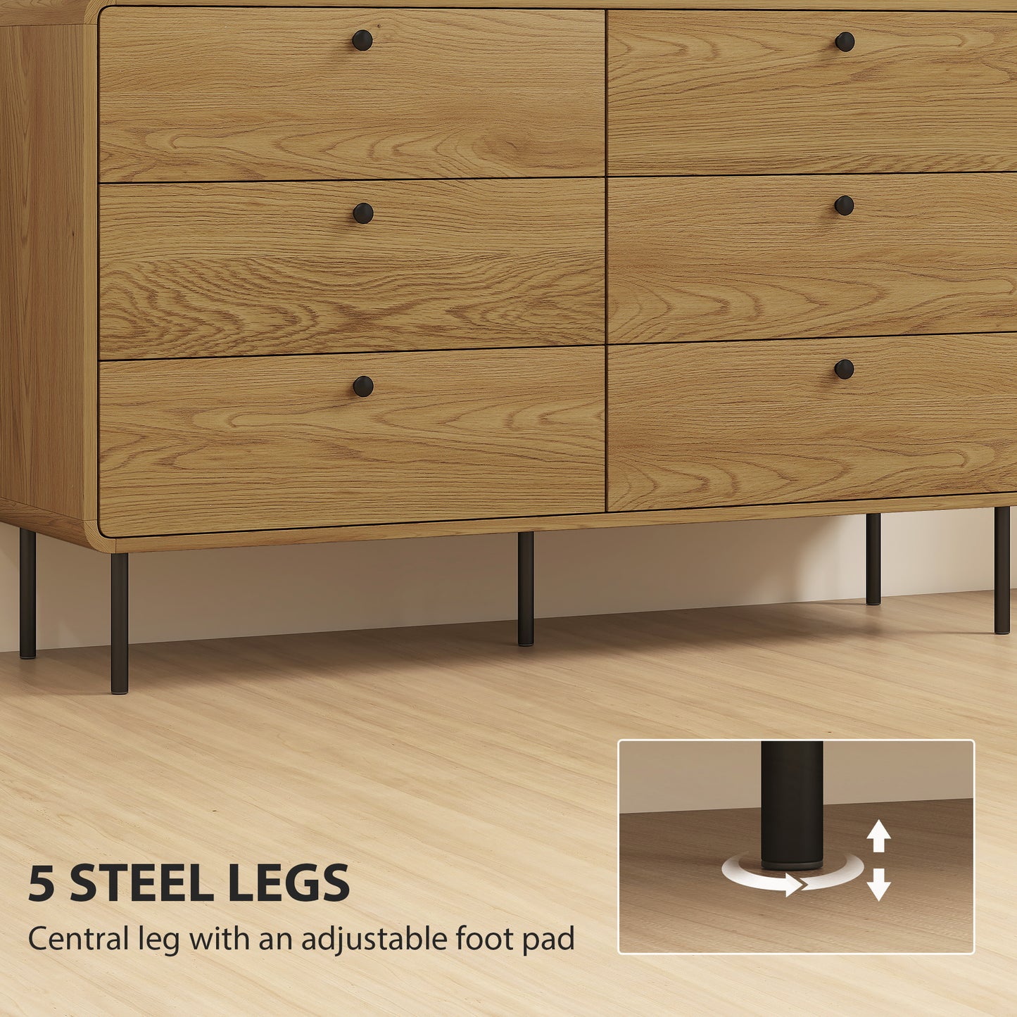 Chest of Drawers for Bedroom, Modern 6 Drawer Dresser, Oak