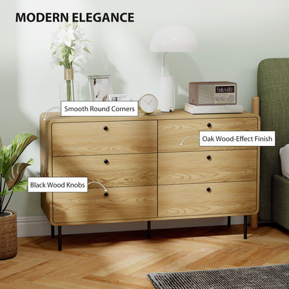 Chest of Drawers for Bedroom, Modern 6 Drawer Dresser, Oak