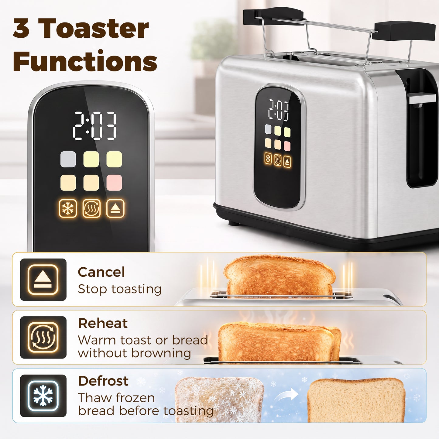 2 Slice Toaster with Touch Screen, LED Countdown, 6 Browning Levels