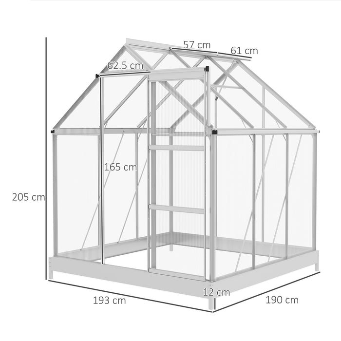 6 x 6ft Walk-In Greenhouse, Polycarbonate Greenhouse with Sliding Door, Window, Aluminium Frame, Foundation, Silver